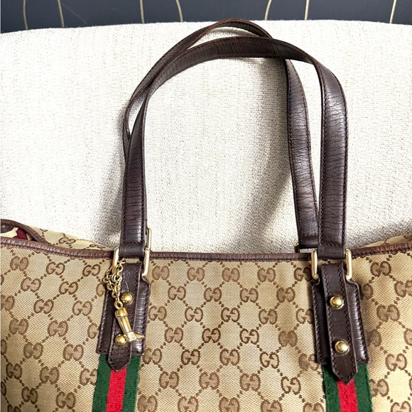 Gucci authentic Sherry Line open tote bag monogram brown canvas ribbon accents - Picture 4 of 16